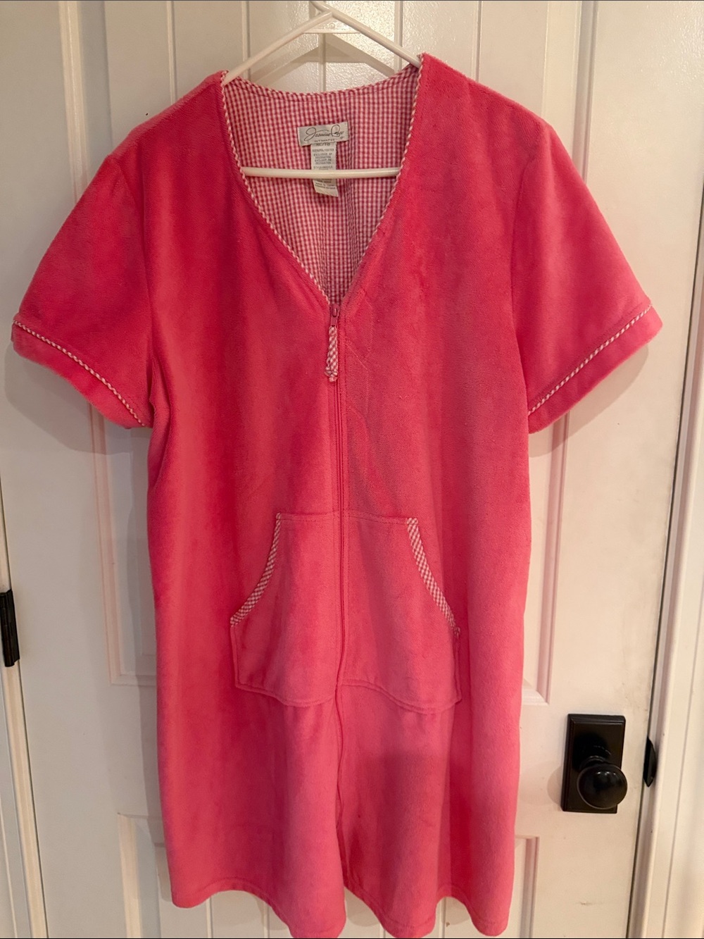 Vintage Pink Terry Cloth Zip Front Robe Short Sleeve House Dress Pockets Size XL